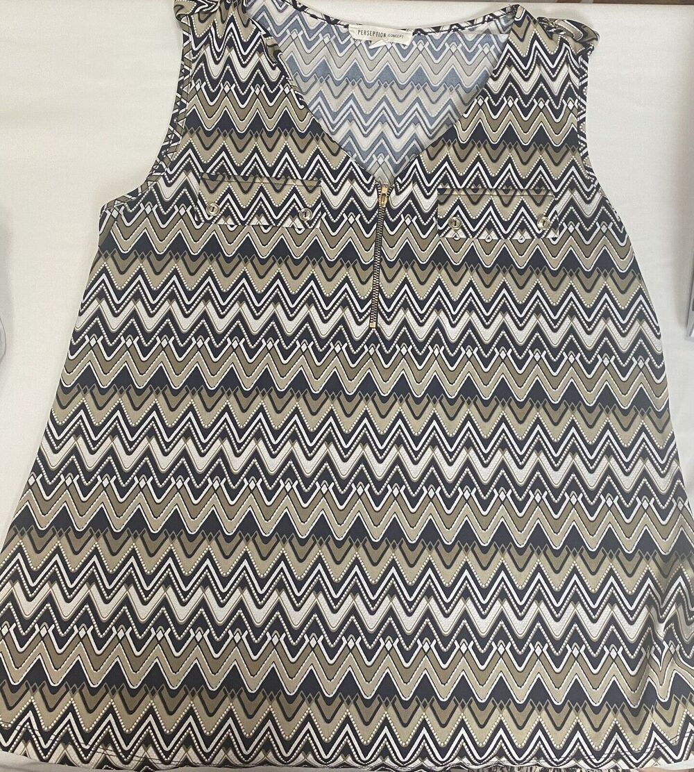 Perseption Concept Women’s V-Neck Sleeveless Zipper Top Blue Brown White Size M
